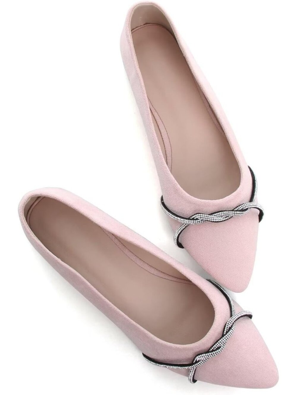 Women's F Light Pink Chain Ballet Flats Fashion Pointed Toe Slip On Dress Shoes - Picture 4 of 6